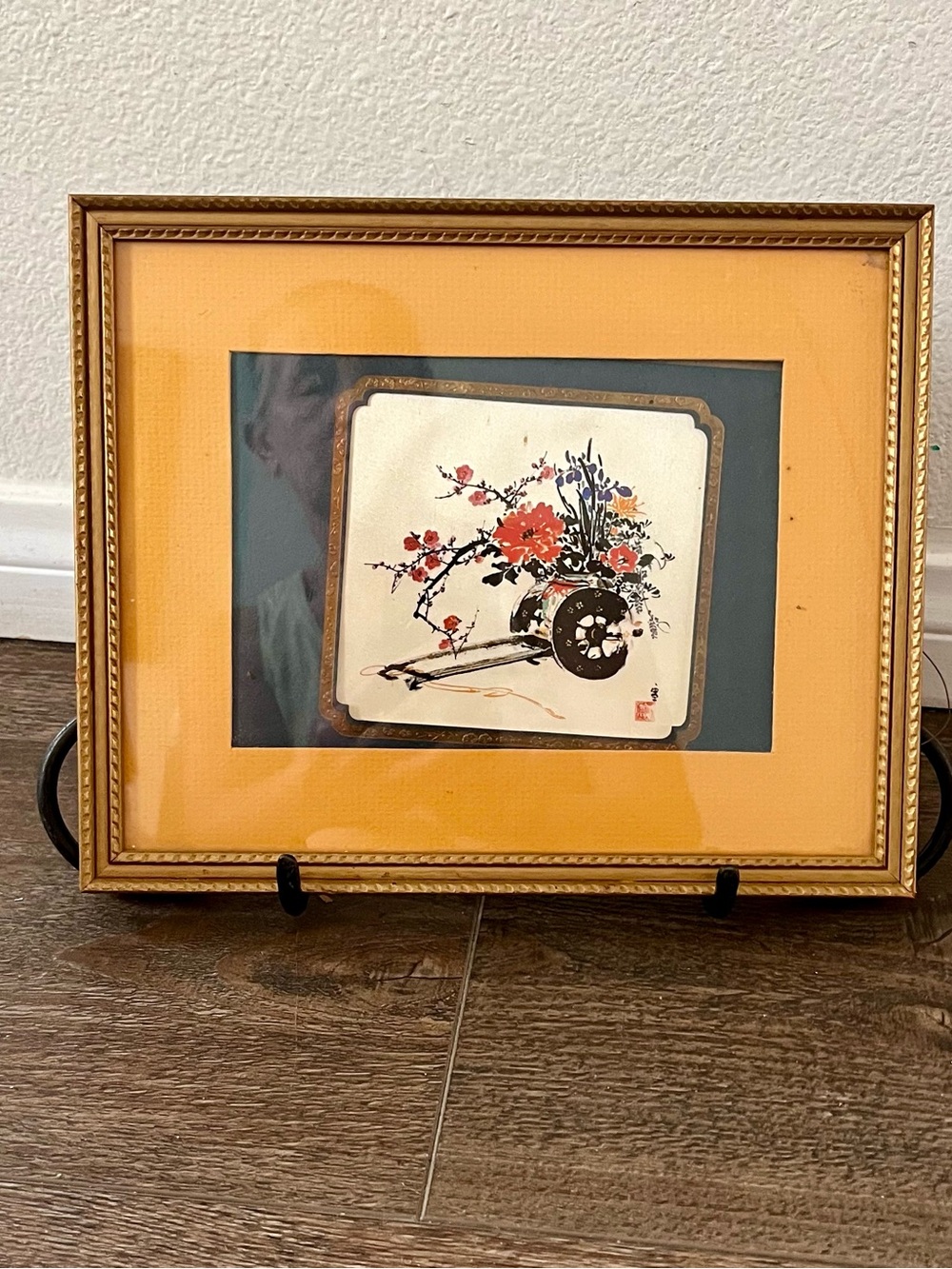 Framed Floral Artwork with Gold Frame and Orange Mat 9/11 inches